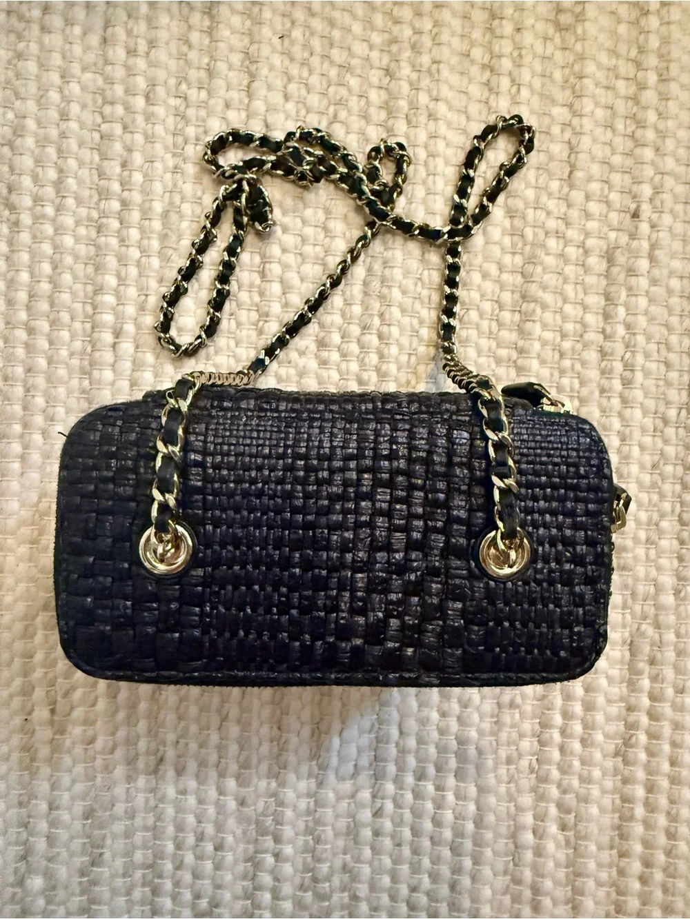 CHANEL Black Raffia Quilted Chain Crossbody Vanity Bag